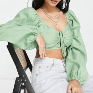 Topshop Light Green Puff Sleeve Blouse